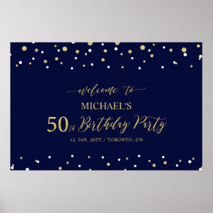 Gold & Navy Confetti 50th Birthday Party Welcome Poster
