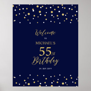 Gold & Navy Confetti 55th Birthday Party Welcome Poster