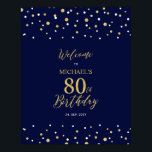 Gold & Navy Confetti 80th Birthday Party Welcome Poster<br><div class="desc">Welcome your guests to a special celebration day with this stylish gold & navy blue welcome sign. This sign features modern typography" Welcome to 80th Birthday" and a hexagon confetti design. You can customise the name and the date. Matching invitations and party supplies are available at my shop BaraBomDesign.</div>