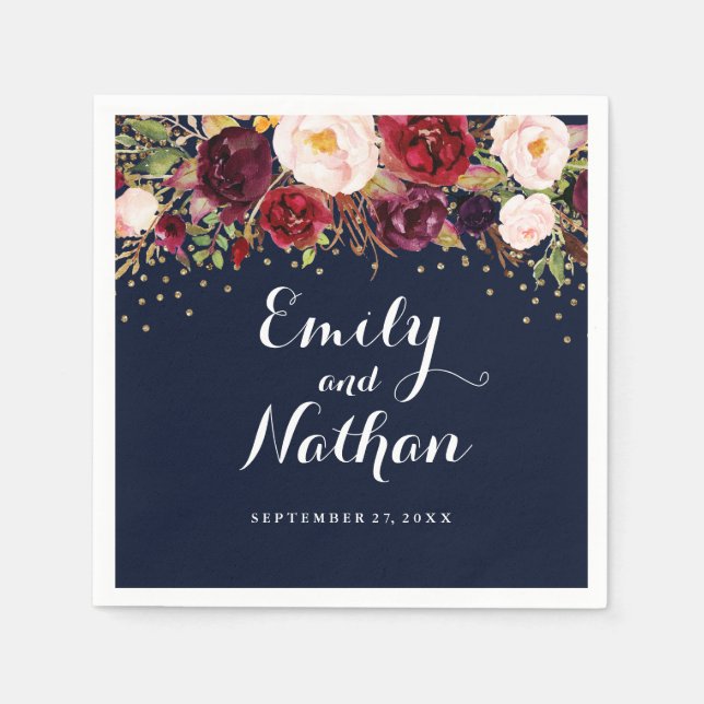 Gold Navy Confetti Burgundy Floral Wedding Napkin (Front)