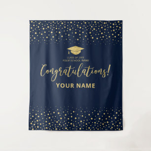 Gold & Navy Confetti   Congratulation Graduation Tapestry