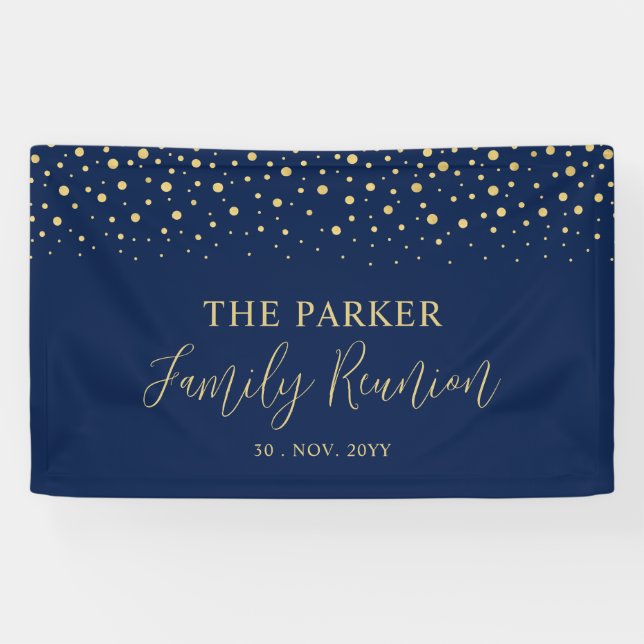 Gold & Navy Confetti Family Reunion Party Welcome Banner (Horizontal)