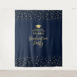 Gold & Navy Confetti   Graduation Party Backdrop Tapestry