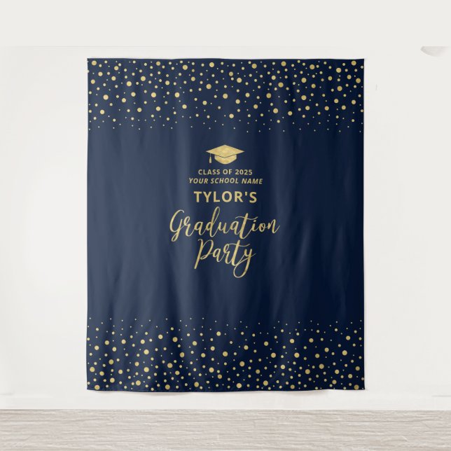 Gold & Navy Confetti | Graduation Party Backdrop Tapestry (Front)