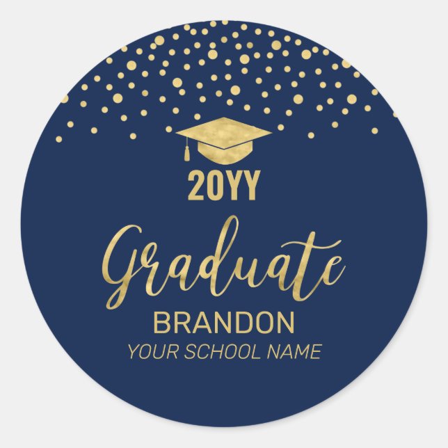Gold Navy Confetti Graduation Party Favour Classic Round Sticker (Front)