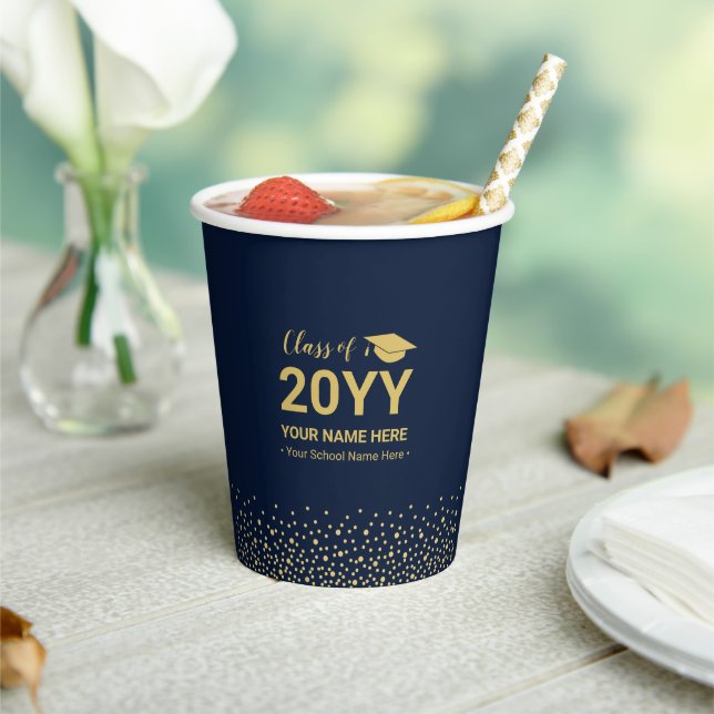 Gold & Navy Confetti Graduation Party Paper Cups (Insitu)