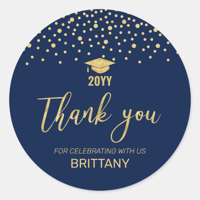 Gold & Navy Confetti Modern Graduation Party Favou Classic Round Sticker (Front)