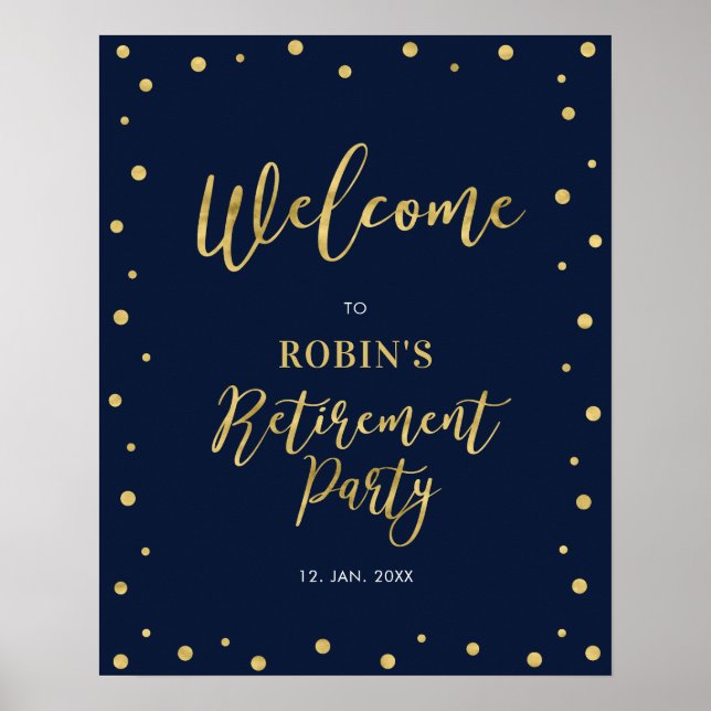 Gold & Navy Confetti Retirement Party Welcome Sign (Front)
