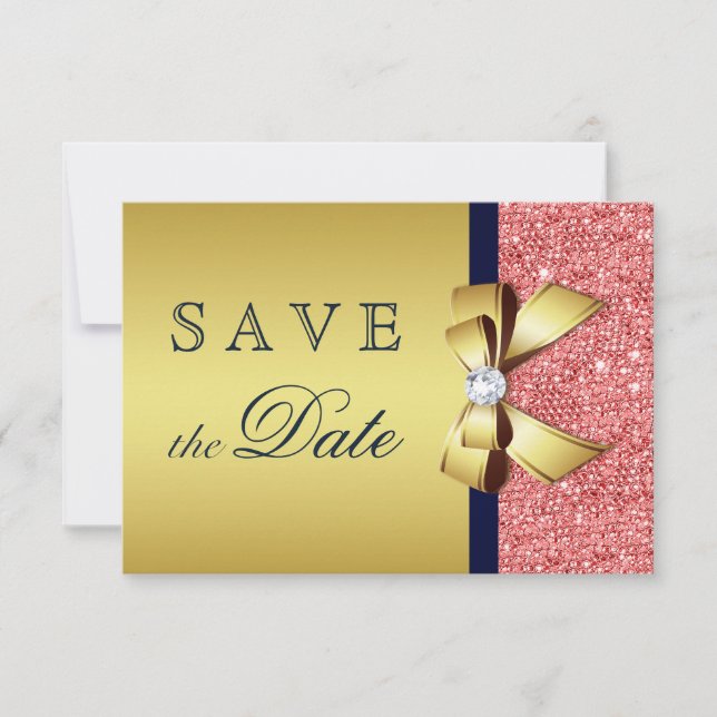 Gold Navy Coral Sequins Diamonds Bow Save The Date (Front)