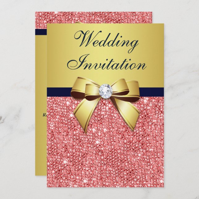 Gold Navy Coral Sequins Diamonds Bow Wedding Invitation (Front/Back)