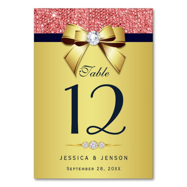 Gold Navy Diamond Bow Coral Sequins Table Number (Front)