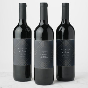 Gold Navy Elegance Diamond Geo Deco Wedding Wine Label