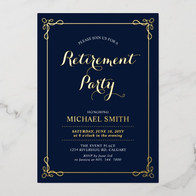 Gold & Navy | Elegant Classy Retirement Party (Front)