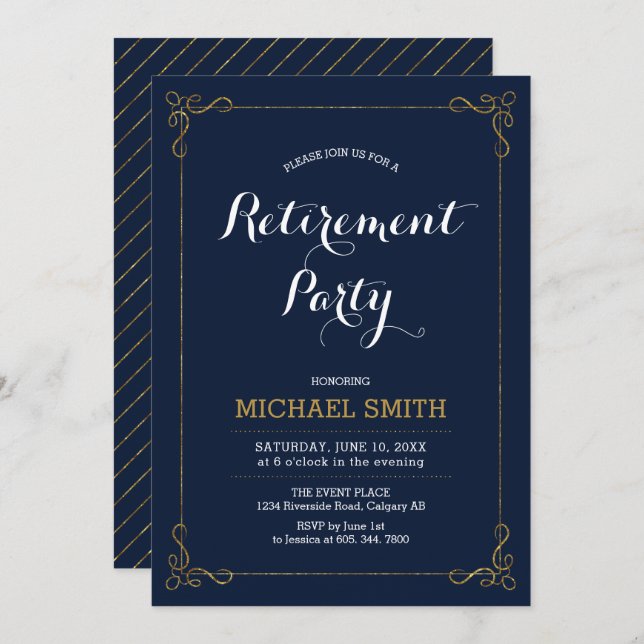 Gold & Navy | Elegant Classy Retirement Party Invitation (Front/Back)