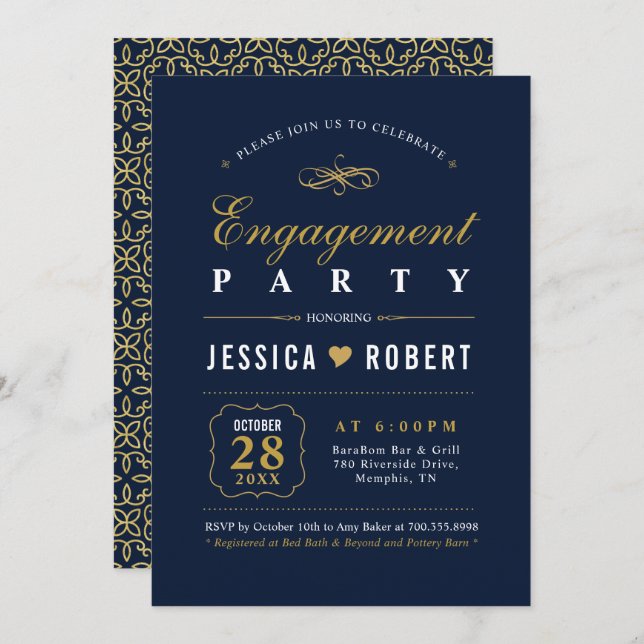 Gold & Navy | Elegant Engagement Party Invitation (Front/Back)