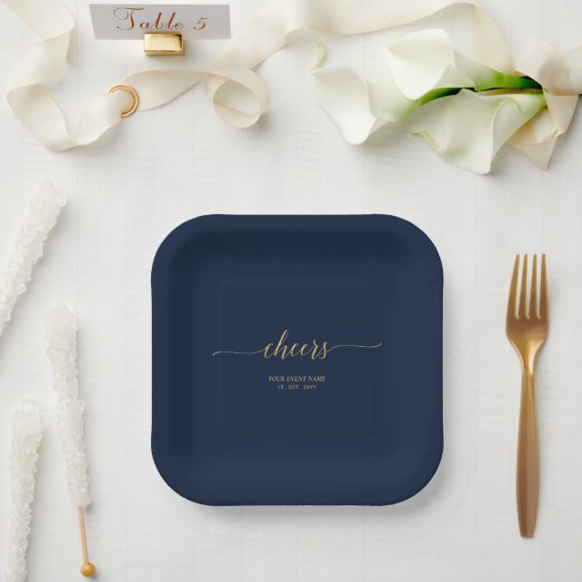 Gold & Navy Elegant Lettering Cheers Event Party Paper Plate (Wedding)