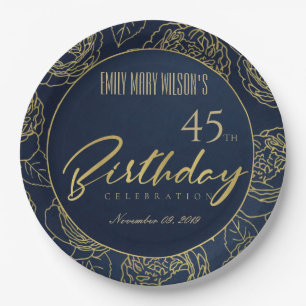 GOLD NAVY ELEGANT ROSE FLORAL ANY AGE BIRTHDAY PAPER PLATE