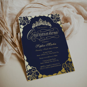 Gold Navy Elegant Script Quinceanera Birthday