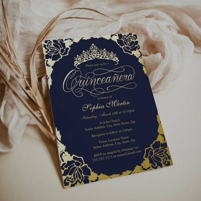 Gold Navy Elegant Script Quinceanera Birthday (Creator Uploaded)