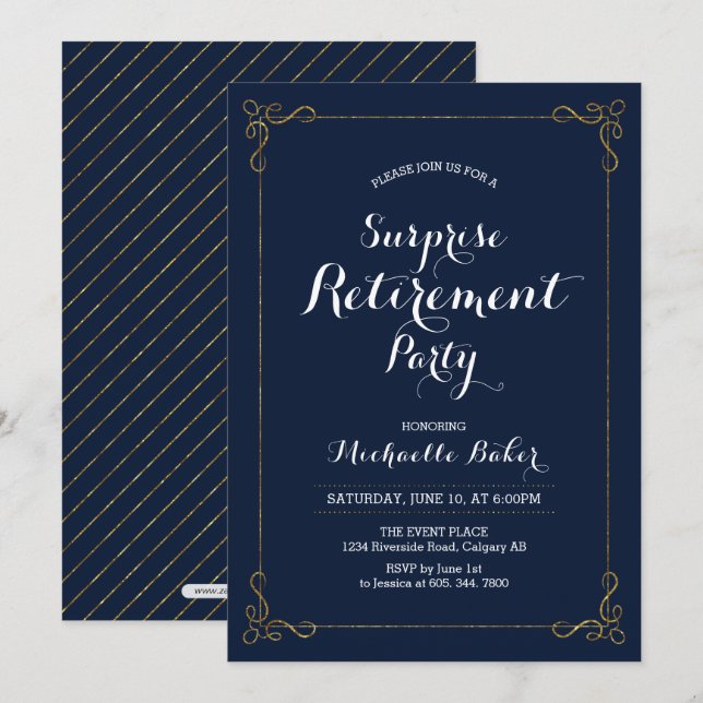 Gold & Navy | Elegant Surprise Retirement Party Invitation (Front/Back)
