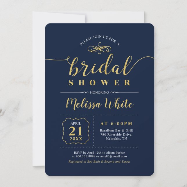 Gold & Navy | Elegant Wedding Bridal Shower Invitation (Front)