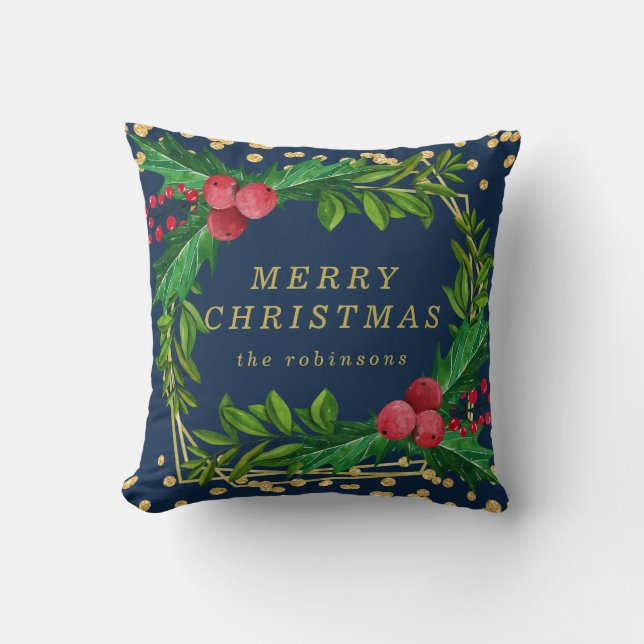 Gold Navy Family Merry Christmas Holly Glitter Cushion (Front)
