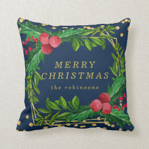 Gold Navy Family Merry Christmas Holly Glitter Cushion
