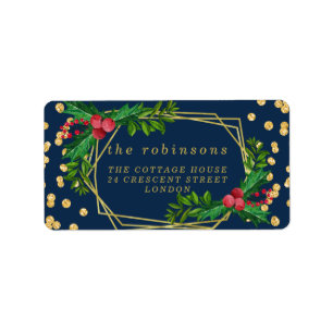 Gold Navy Family Merry Christmas Holly Glitter Label