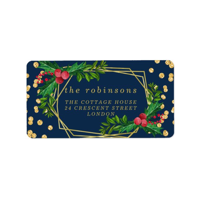 Gold Navy Family Merry Christmas Holly Glitter Label (Front)