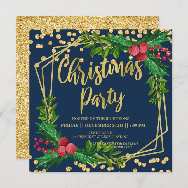 Gold Navy Festive Holly Glitter Christmas Invitation (Front/Back)