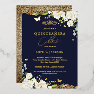 Gold Navy Floral Lace Quinceanera 15th Birthday