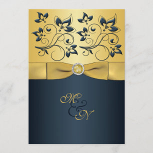 Gold, Navy Floral Monogram Wedding Invitation