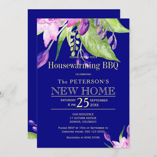 Gold navy green autumn housewarming bbq invitation (Front/Back)