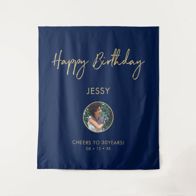 Gold & Navy Happy Birthday Photo Party Backdrop Tapestry (Front)