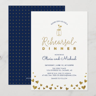 Gold & Navy Hearts Rehearsal Dinner Invitation