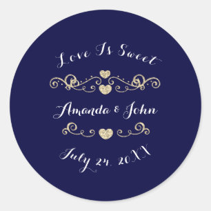 Gold Navy Hearts Save the Date Love is Sweet Classic Round Sticker