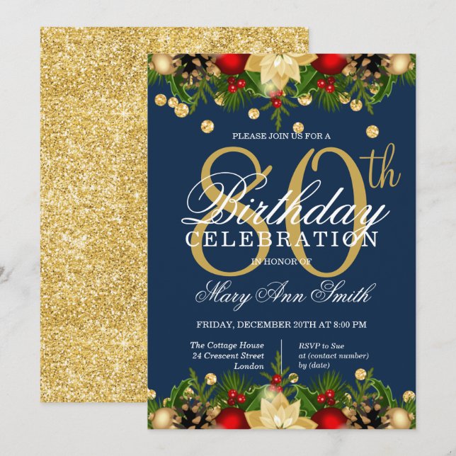 Gold & Navy Holiday Glitter 80th Birthday Party Invitation (Front/Back)