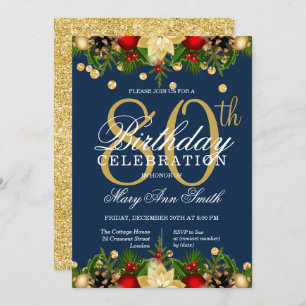 Gold & Navy Holiday Glitter 80th Birthday Party Invitation