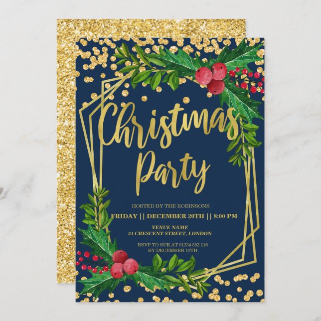 Gold Navy Holly Glitter Confetti Christmas Invitation (Front/Back)