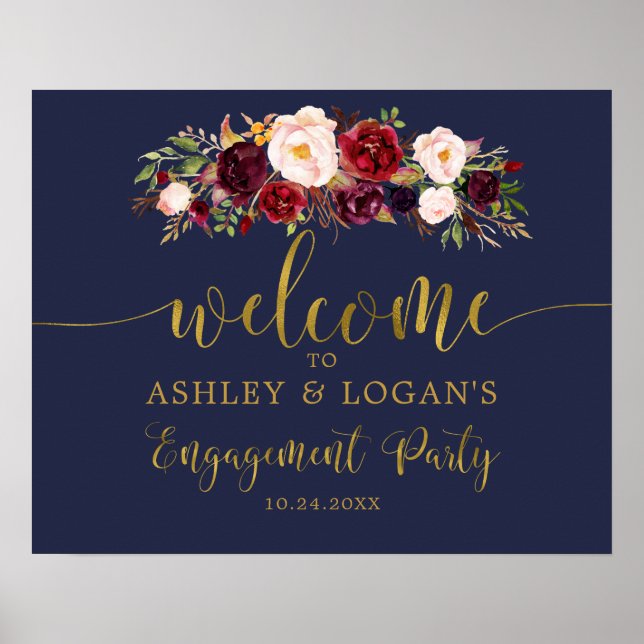 Gold Navy Marsala Boho Engagement Party Poster (Front)