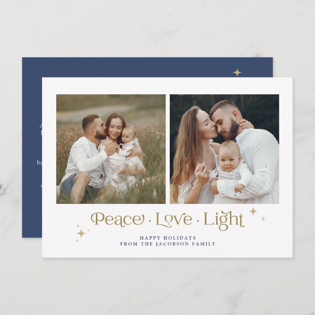 Gold Navy Menorah Peace Love Light Hanukkah Card (Front/Back)