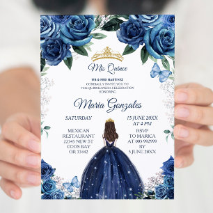 Gold & Navy Mexican Girl Princess Quinceanera Invitation
