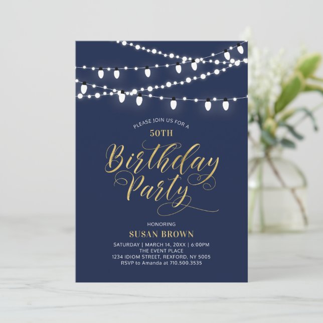 Gold & Navy | Modern 50th Adult Birthday Party Invitation (Standing Front)