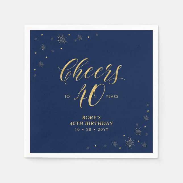 Gold & Navy | Modern Cheers 40th Birthday Party Napkin (Front)