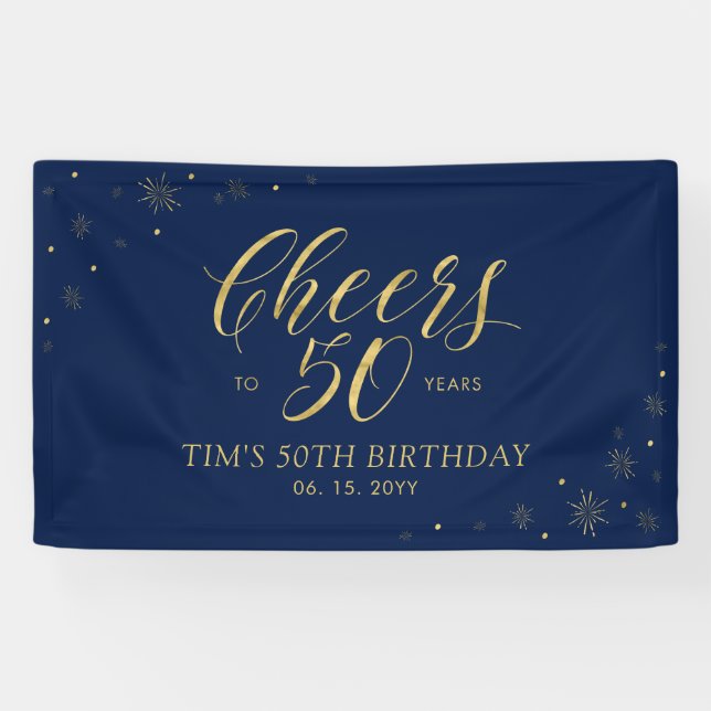 Gold & Navy Modern Cheers 50th Birthday Party Banner (Horizontal)