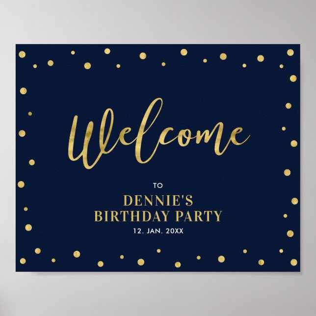 Gold & Navy | Modern Confetti Welcome Party Sign (Front)