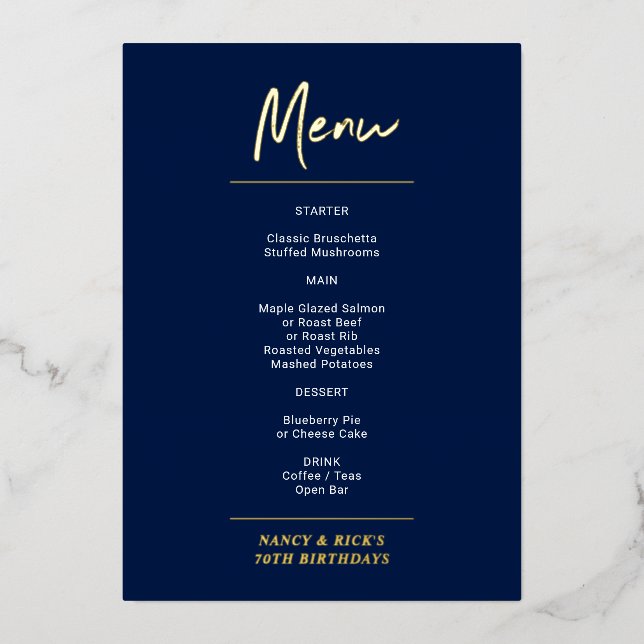 Gold & Navy Modern Lettering Birthday Party Menu (Front)