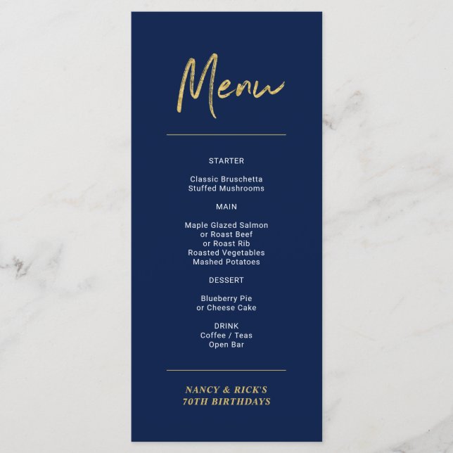 Gold & Navy Modern Lettering Birthday Party Menu (Front)