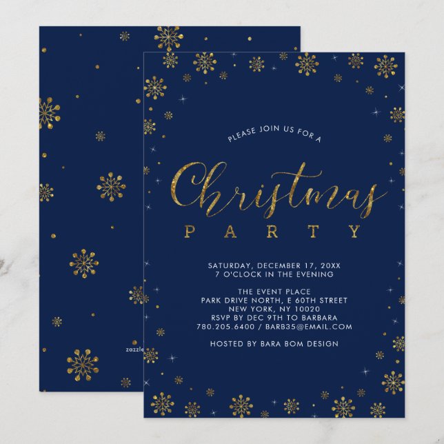 Gold & Navy | Modern Snowflake Christmas Party Invitation (Front/Back)