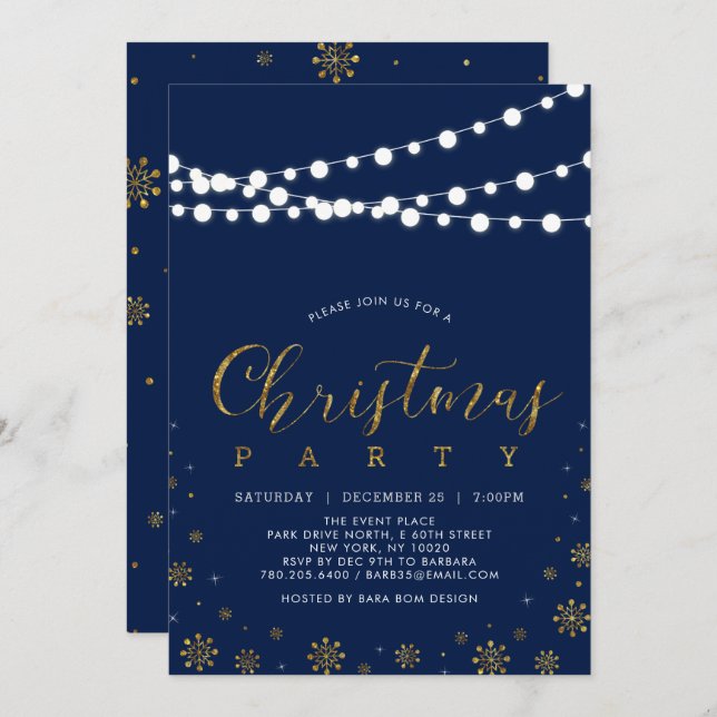Gold & Navy | Modern Snowflakes Christmas Party Invitation (Front/Back)